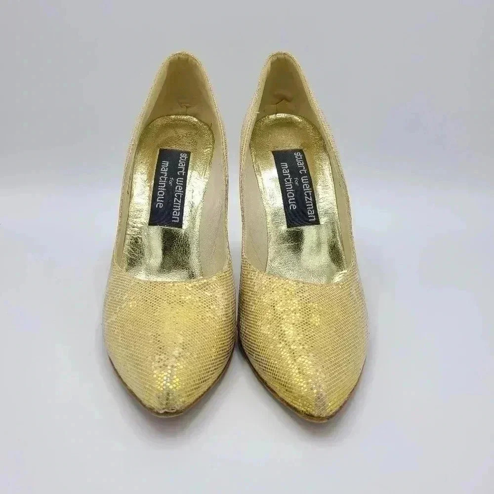 Vintage Stuart Weitzman Martinique Gold Glitter Pointed Toe Stiletto Heels 7.5 - Picture 4 of 16